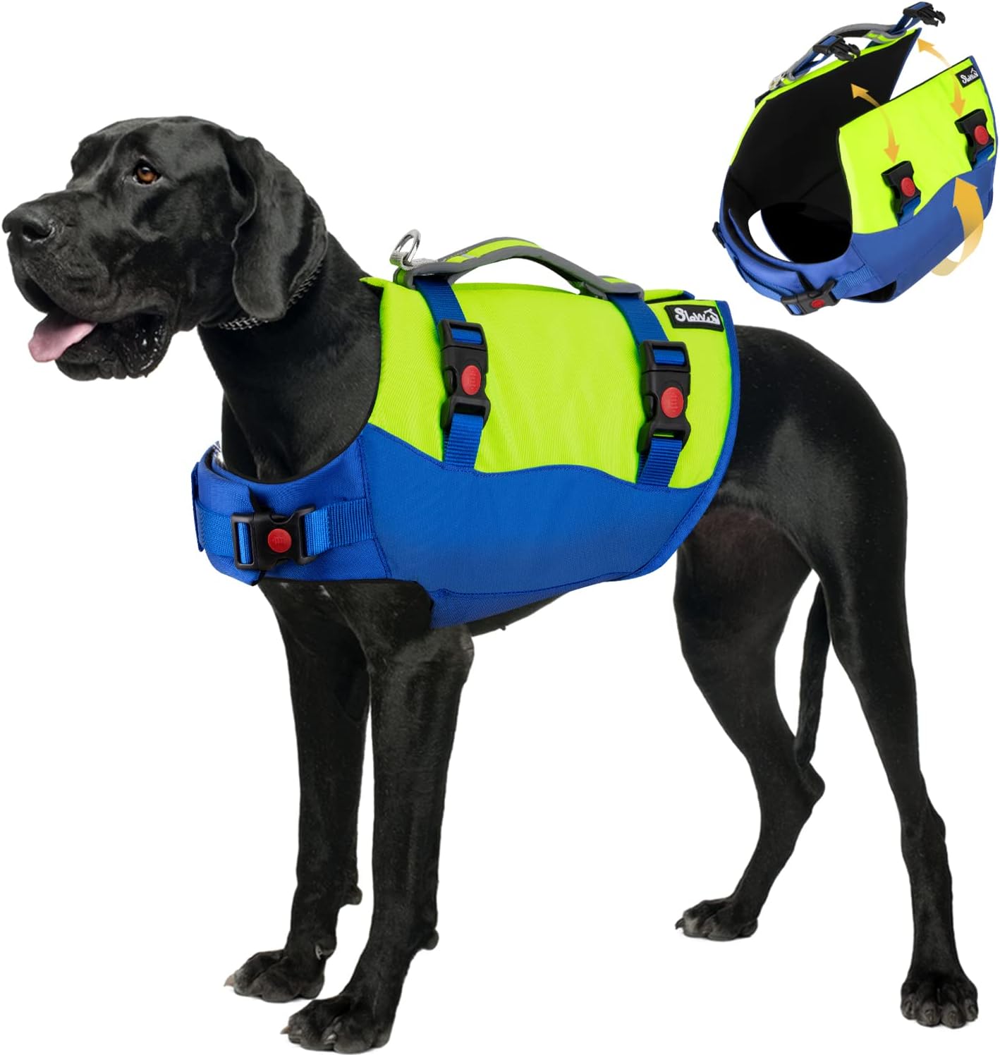 SlowTon Dog Life Jacket, Adjustable Ripstop Dog Life Vest with One Piece Belly Support Superior Buoyancy, Skin-Friendly Neoprene Pet Safety Flotation Vest for Swimming Boating Beach(Yellow,XL)