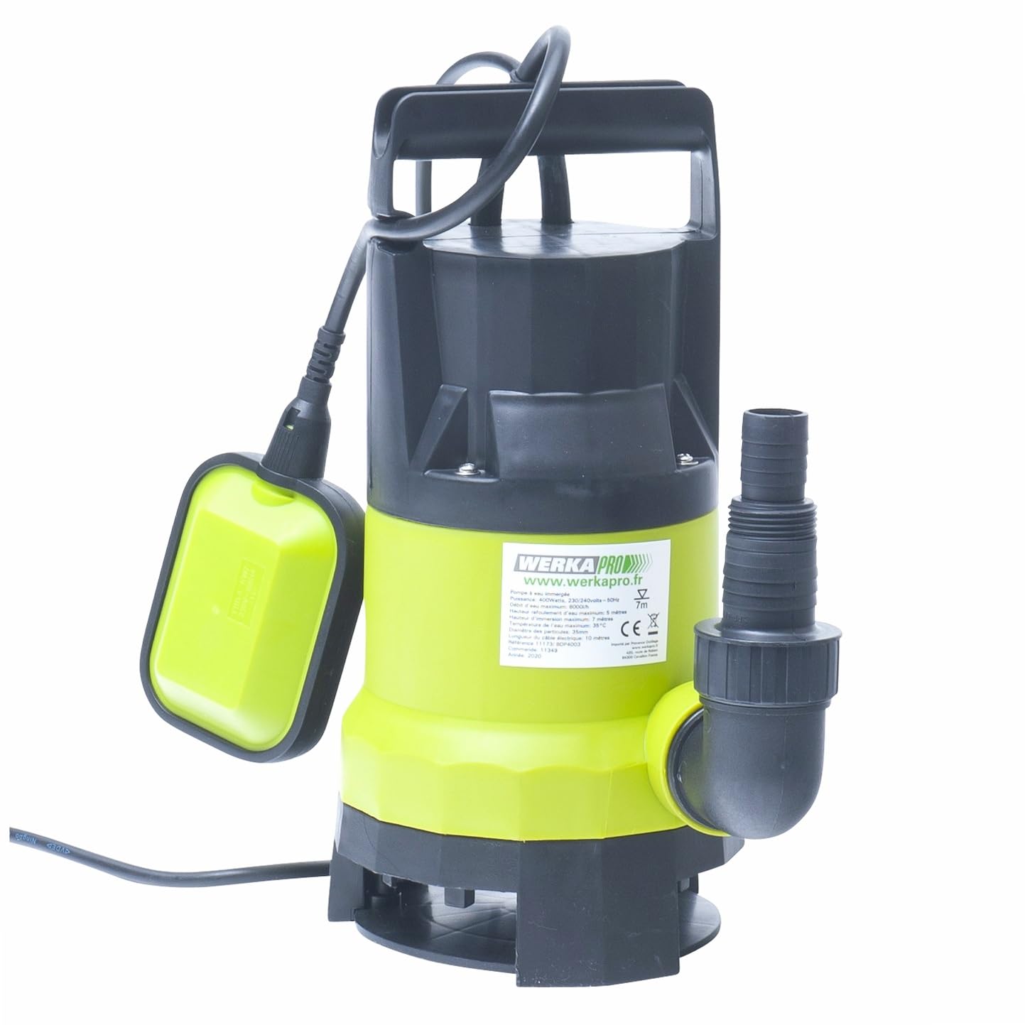 WERKA PRO Pompe Immergeée Tout Usage 400W avec Flotteur - Débit Max 8000 L/H - Refoulement 5 m - Gestion Impuretés Ø 35 mm -