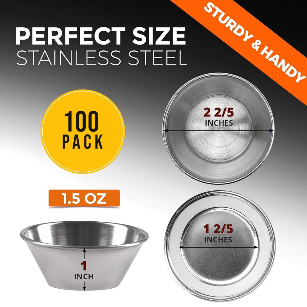 Piccole tazze per salse, 42,5 g, in acciaio inox, per salse, per salse, di grado commerciale, rotonde, confezione da 100