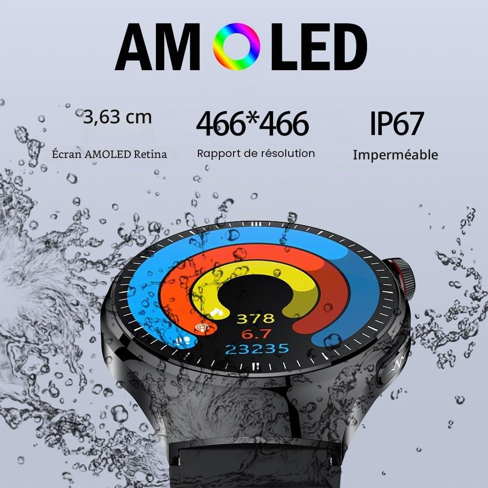 Montre Connectée ECG Homme, 1,43" AMOLED Montre Intelligente pour Composer Répondre aux Appels, Smartwatch avec SpO2 Fréquence Cardiaque, Message Notification pour Android iOS