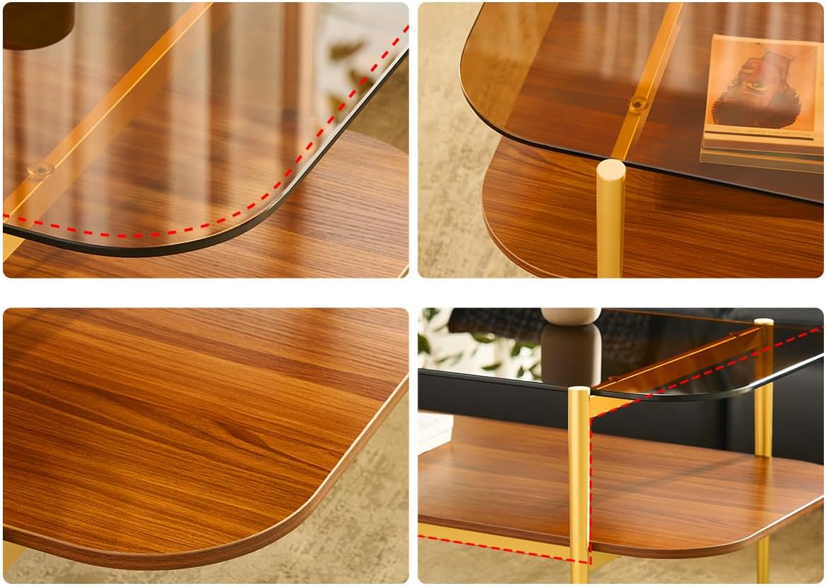 Saint Mossi Tadio Double Layer Glass Coffee Table for Living Room, Brown Glass & Coffee Brown MDF Bottom Shelf with Rounded Corners, L41xW21xH17 Large Oval Brown Glass & Coffee Brown