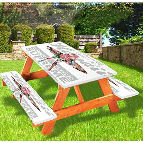 72" Polyester Elastic Edge Fitted Picnic Table Cover Set,Tropical Hawaii Hibiscus Surfing Girl Silhouette Surfboard Retro Themed Artprint Tablecloth Fits 6 ft Picnic Tables for Outdoor,Park,Patio