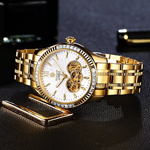 Image of BINLUN Men's Automatic Gold Watches 18K Gold Plated Diamond Mechanical Watch Waterproof Stainless Steel Skeleton Wrist Watch for Men