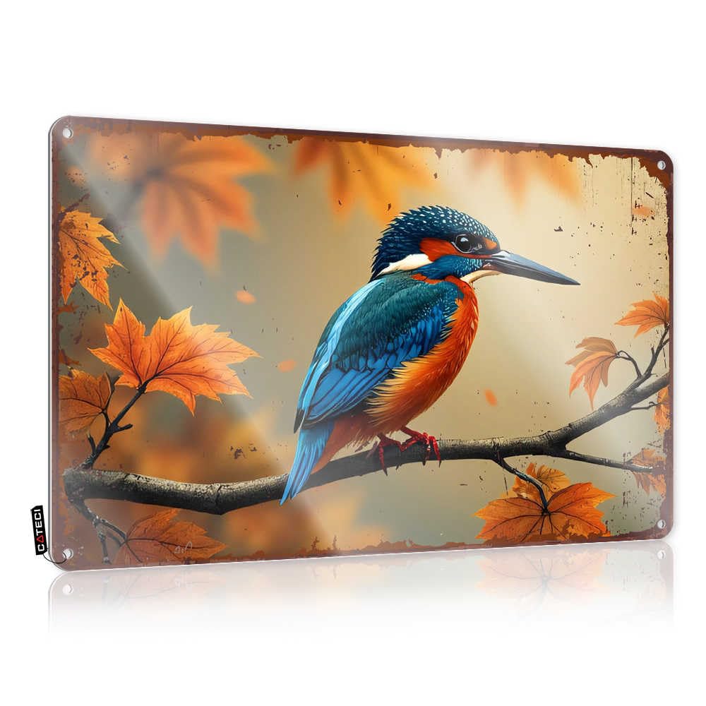 Fzfn Colour Tin Metal Decor Accessory Antique Autumnal Kingfisher Perched Amidst Falling Leaves For Score - Kitchen Decorations Customizable(30X40cm)