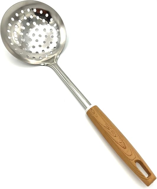 TIJAR® Skimmer Slotted Spoon, Ladle with Holes, Stainless Steel with Nylon Wood Effect Handle, Kitchen Cooking and Frying Spoon, Strainer Oil Colander