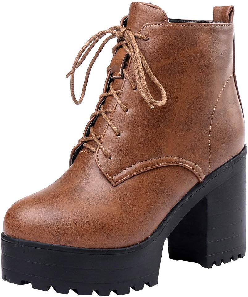 Parisuit Women's Chunky Lace Up Booties Platform High Heel Ankle Boots Fashion Autumn Winter Shoes