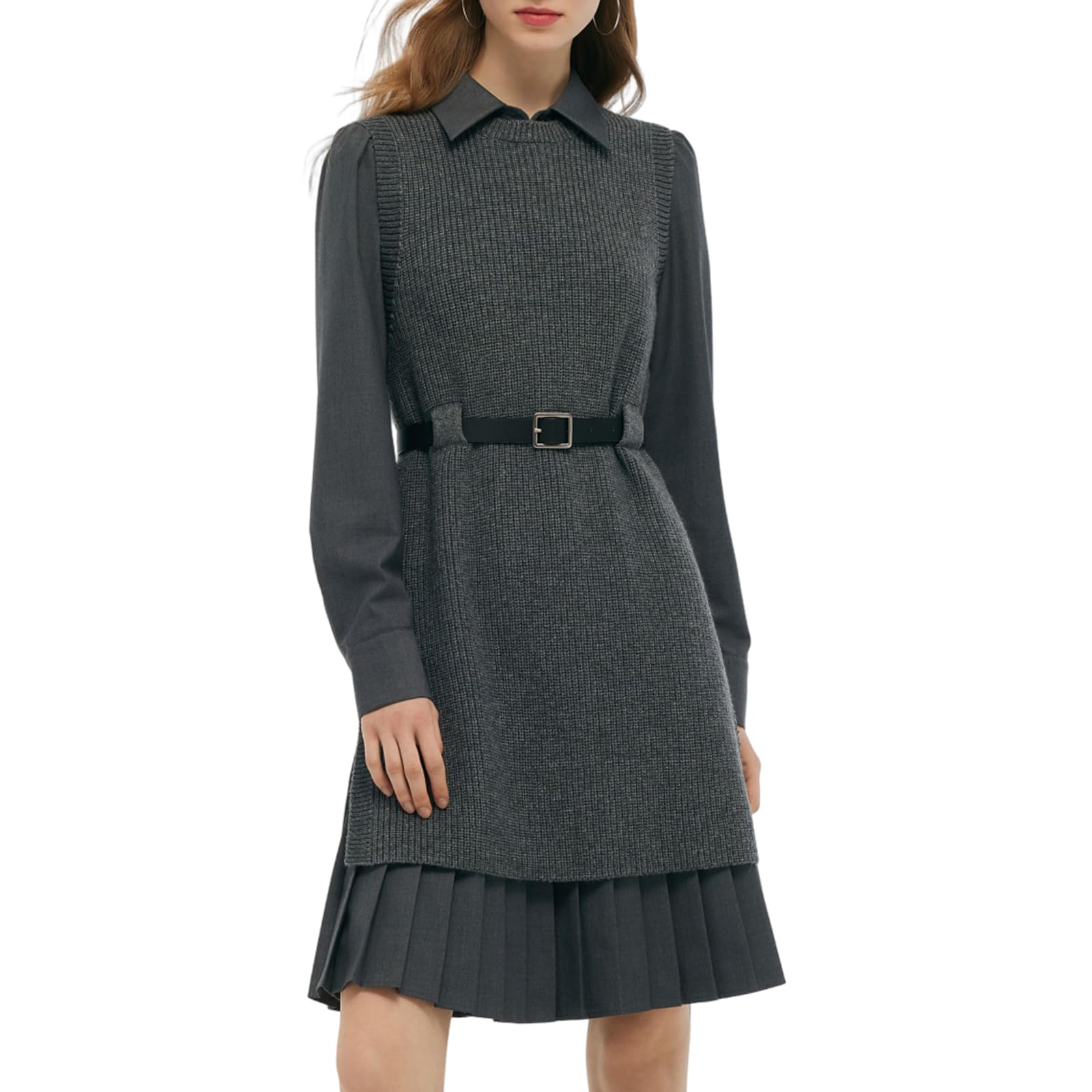 GOELIA Dress Two Piece Sets for Women Wool Blend Long Knit Sweater Vest and Long Sleeve Shirt Mini