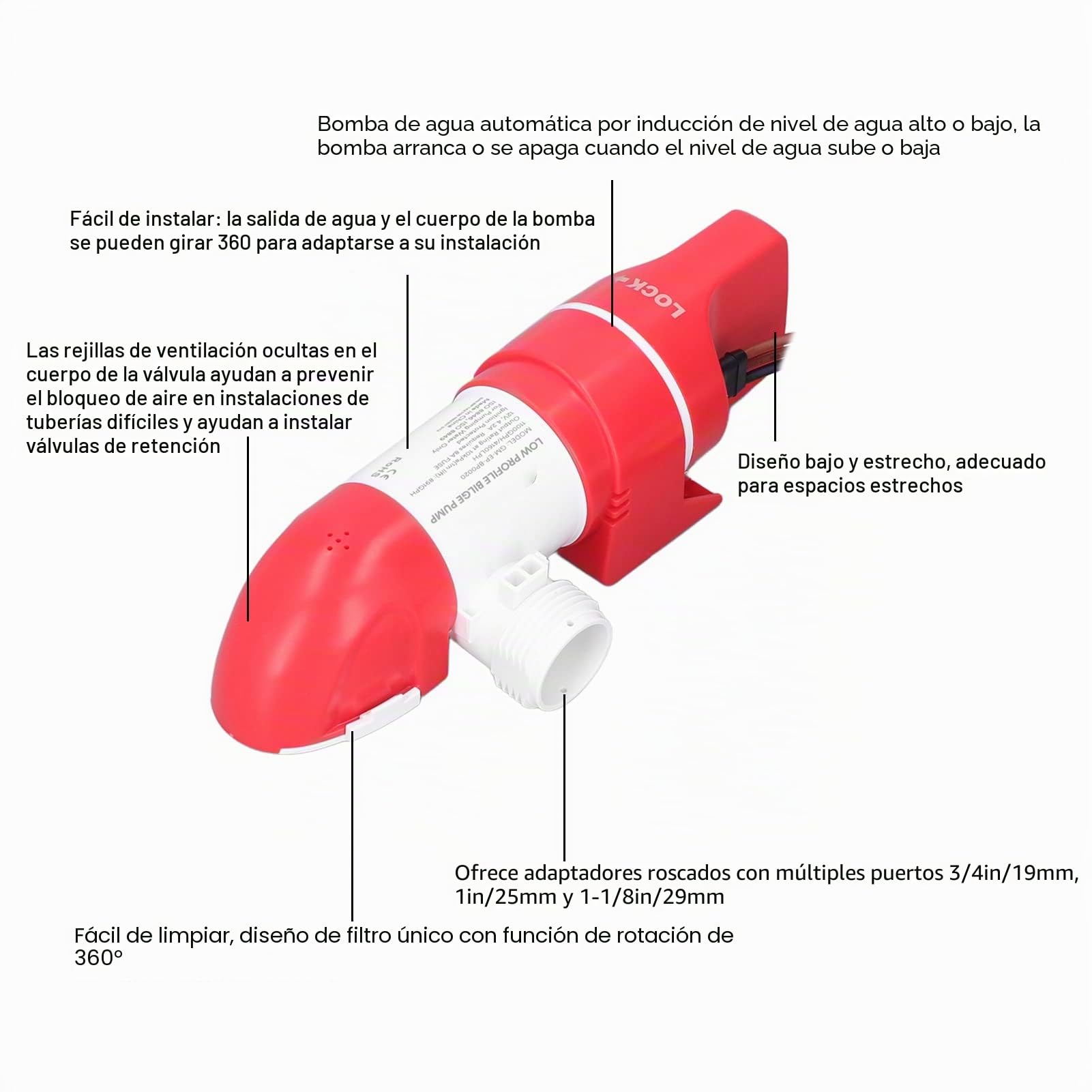 Bomba de Achique de Perfil bajo 1100GPH/4160LPH DC12V 360 ° Rotación de Acero Inoxidable Bomba de Sentina Eléctrica Automática con Detección de Agua para Barcos