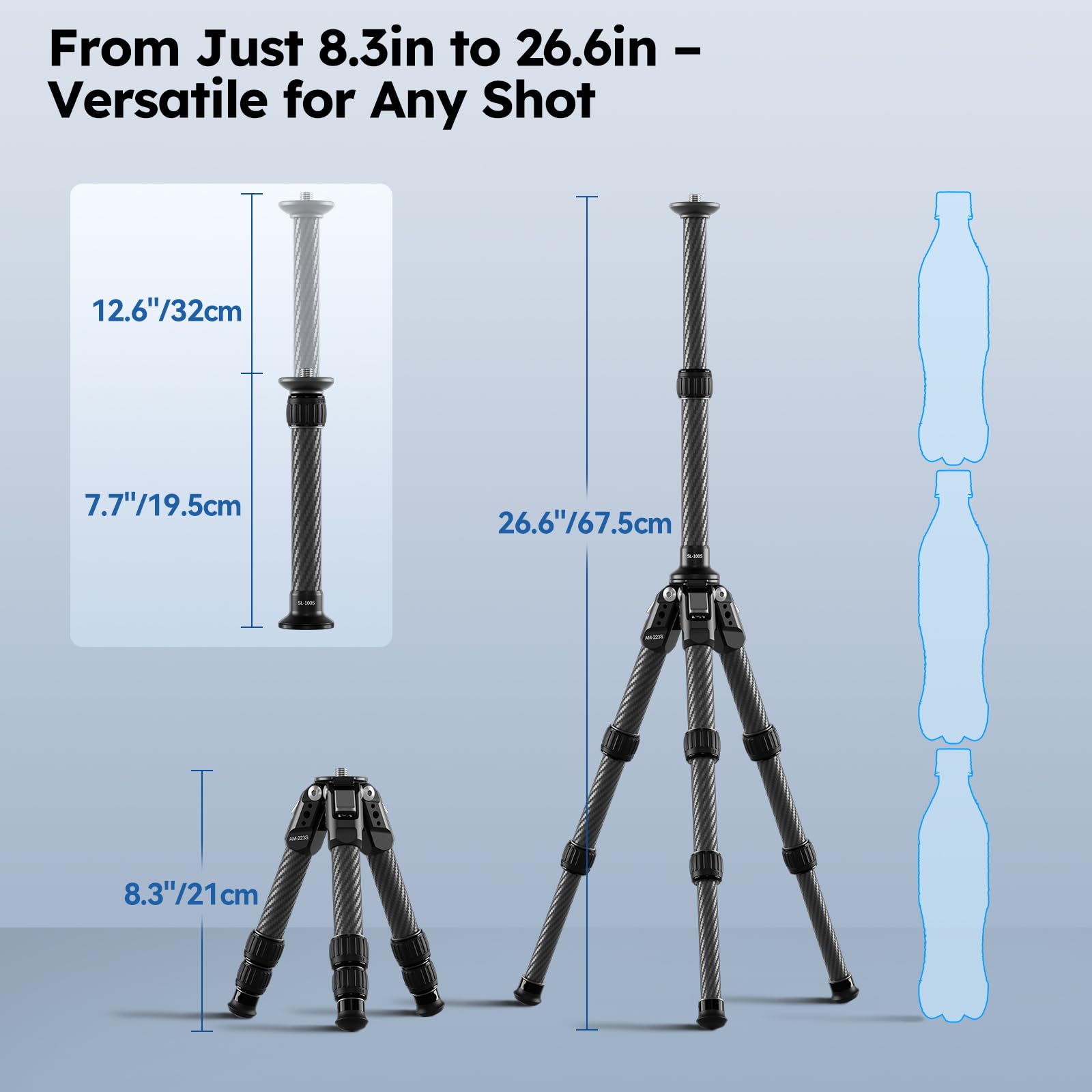 SIRUI Mini Trépied en Fibre de Carbone avec Colonne Centrale Extensible, Hauteur Maximale 66 cm, Supporte 15 kg - Ultra-Léger 0,7 kg pour Le Bureau et Les Voyages, AM-223S+SL-100S