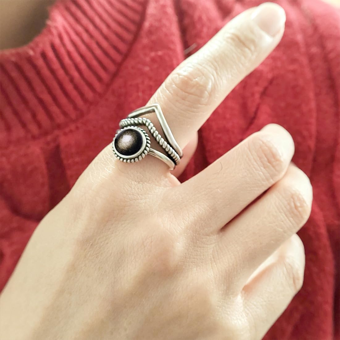 V Shape Stone Chevron Ring,Retro Sterling Silver Natural Round Stone Cystal Quartz Gemstone Three Lines Statement Wide Band Ring Jewelry for Women - Image 6