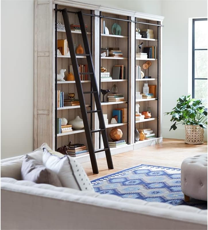 MAKLAINE 8′ Tall Wood White Bookcase Wall with Ladder Storage Organizer Display