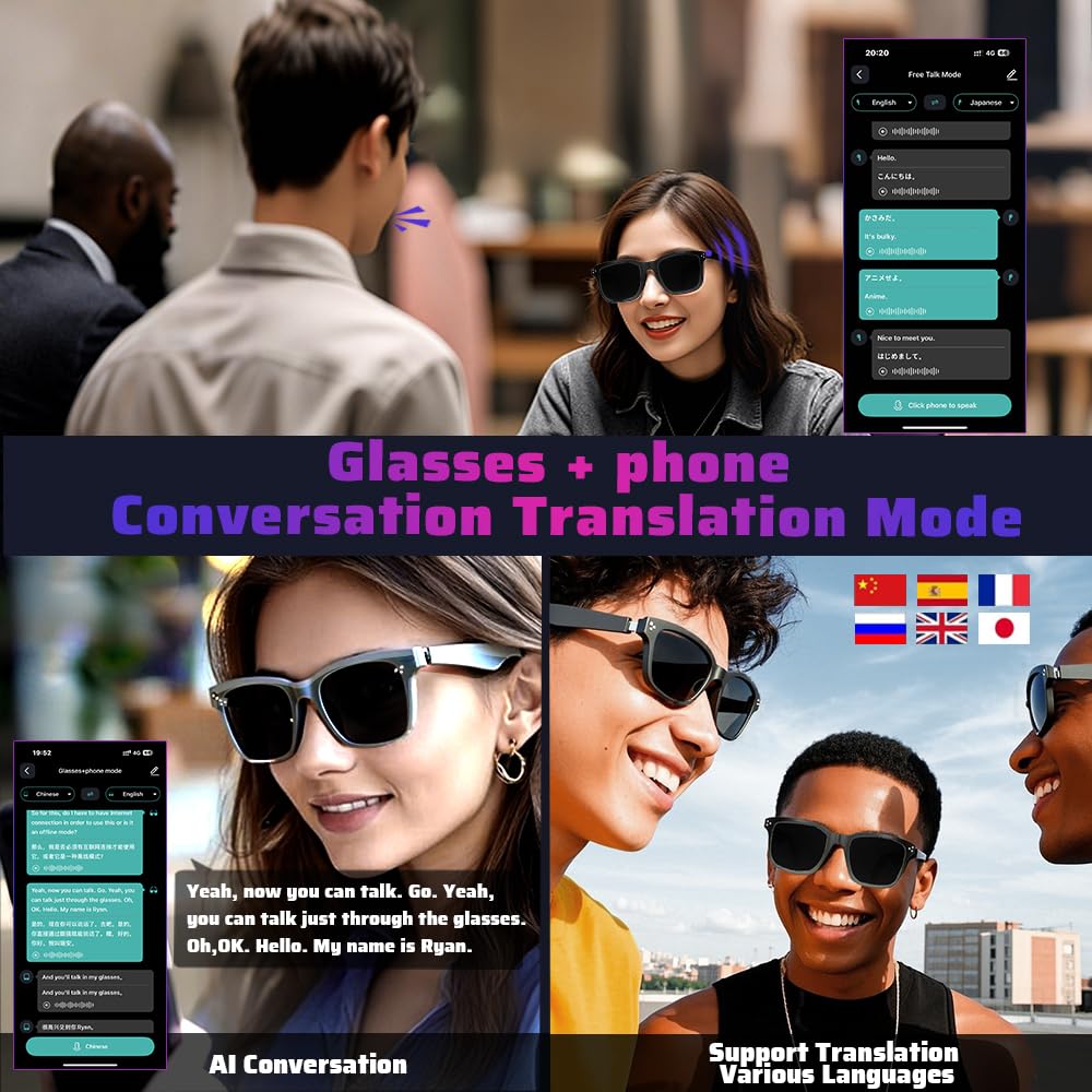Lunettes Intelligentes avec haut-parleur Bluetooth, Lunettes de Soleil Polarisées Magnétiques avec Contrôle Tactile Protection UV, Audio HD, Télécommande Photo, Anti-Lumière Bleue