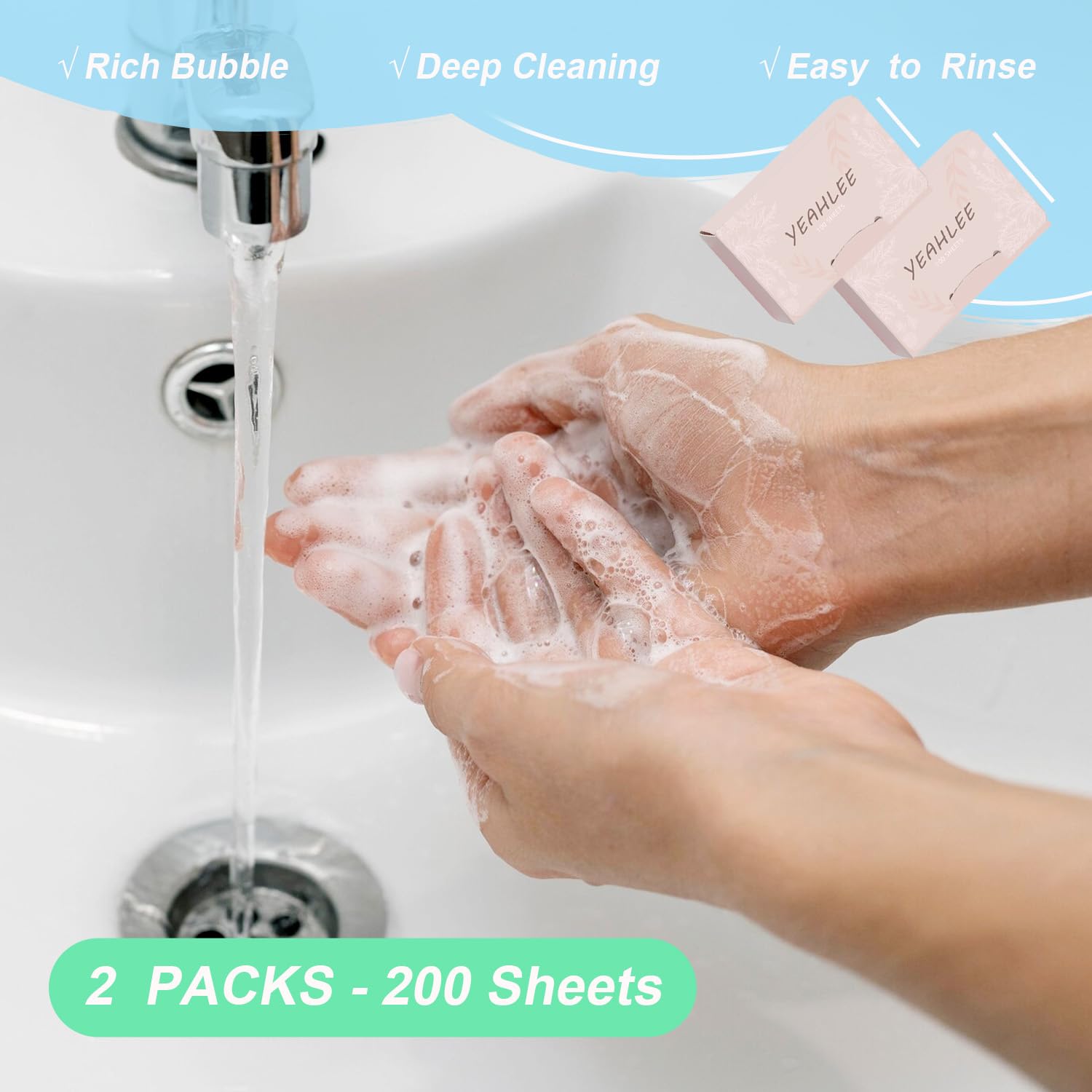 YEAHLEE 200 Sheets Disposable Paper Soap for Hand Washing, 2 Boxs Mini Soap Sheets for Traveling, Camping, Hiking and Other Outdoor Activities