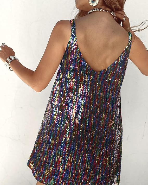Image of Women's Summer Sleeveless Mini Dress Deep V-Neck Glitter Sequin Dress Sexy Short Dress