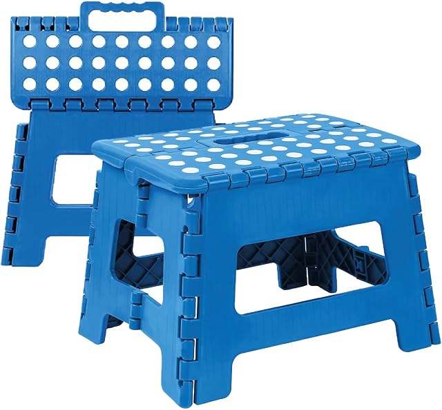 ACUNA Folding Step Stool 9 Inch, Non Slip Foldable Stool, Premium Quality Folding Stool Safe For Kids Adult, Portable Collapsible Stool With Carry Handle For Campervan, Kitchen, Bathroom (Blue)