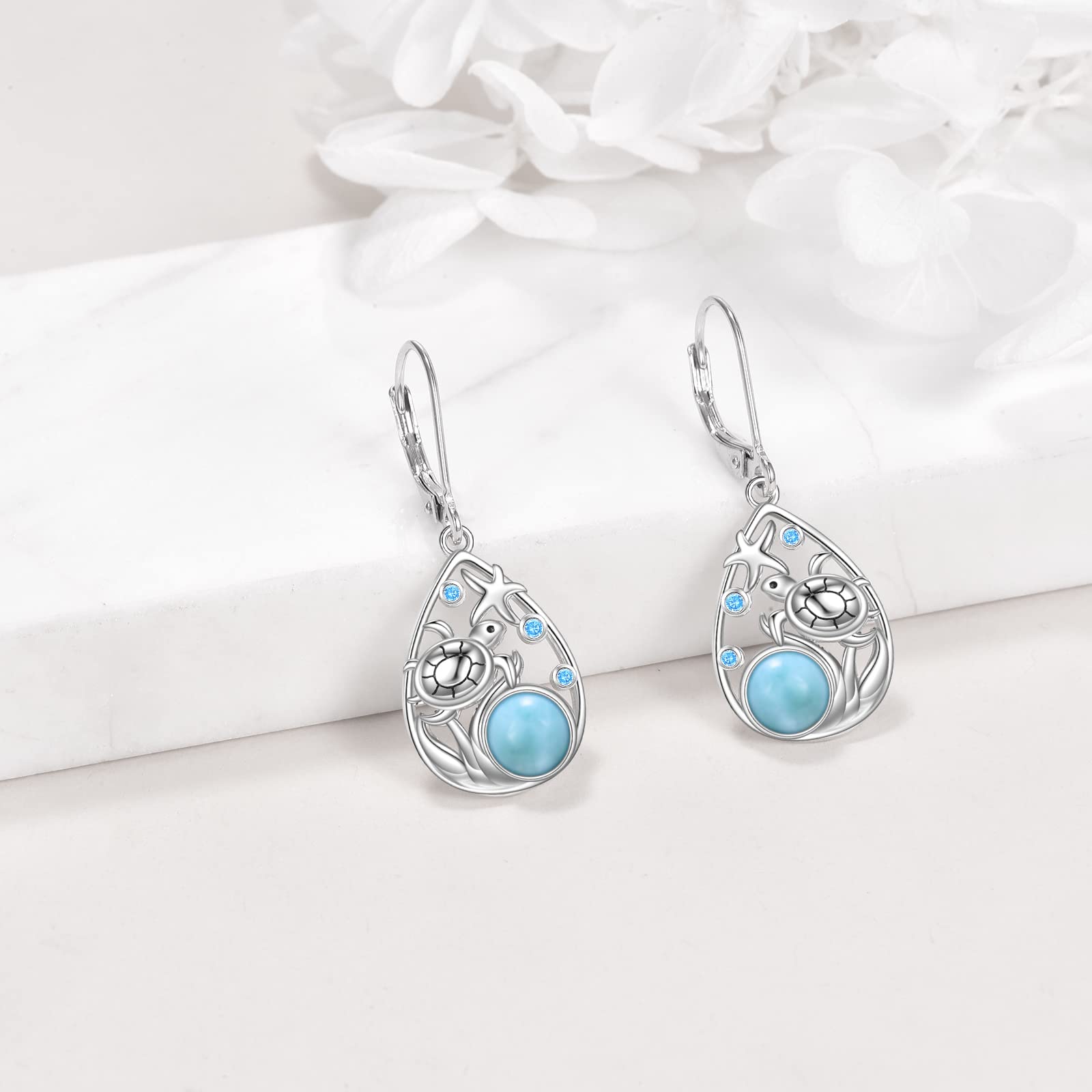 POPLYKE Larimar Schildkröte Strand Ohrringe für Frauen Sterling Silber Käfig filigran baumeln Tropfen Ohrringe für Mädchen