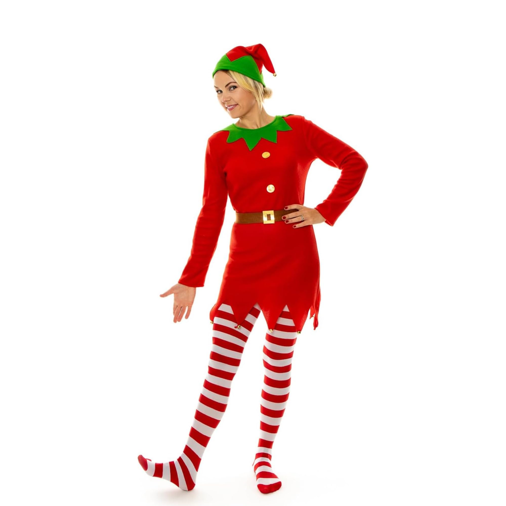 SoWest Christmas Santa’s Helper Elf Costume – Adult Fancy Dress Outfit with Dress, Belt, Hat & Tights | Women’s Red & Green Festive Outfit for Office Parties, Cosplay & Holiday Celebrations - S