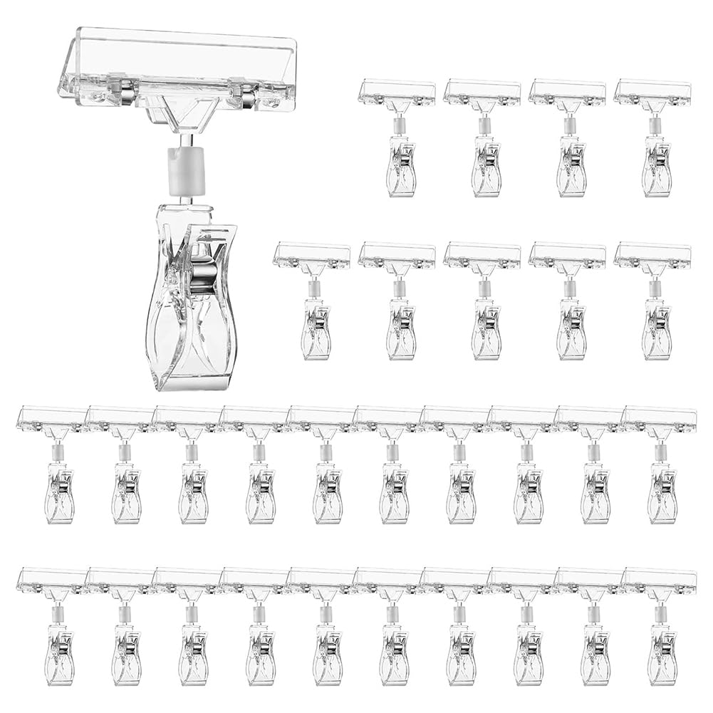 Vjsujehgy 30PCS Clear Sign Clips for Display, Sign Holder Clips for Retail, Plastic Price Sign Clamps Label Tag Acrylic Clips