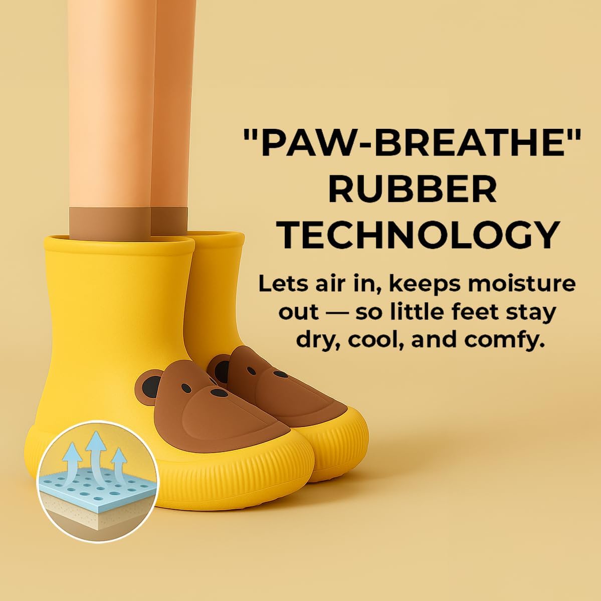 Toddler Rain Boots – Premium Kids Rain Boots for Boys & Girls with Non-Slip Soles - Beige Bear Paw Design