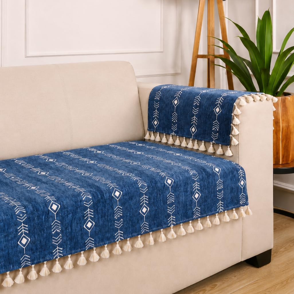 STITCHNEST Chenille Sofa Cover 2 Seater + 2 Hand Rest Covers | Cloud-Soft Textured Chenille, Fade Resistant Blue Sofa Protector with Tassel Finish 2 Seater | 'Artisoul Series'