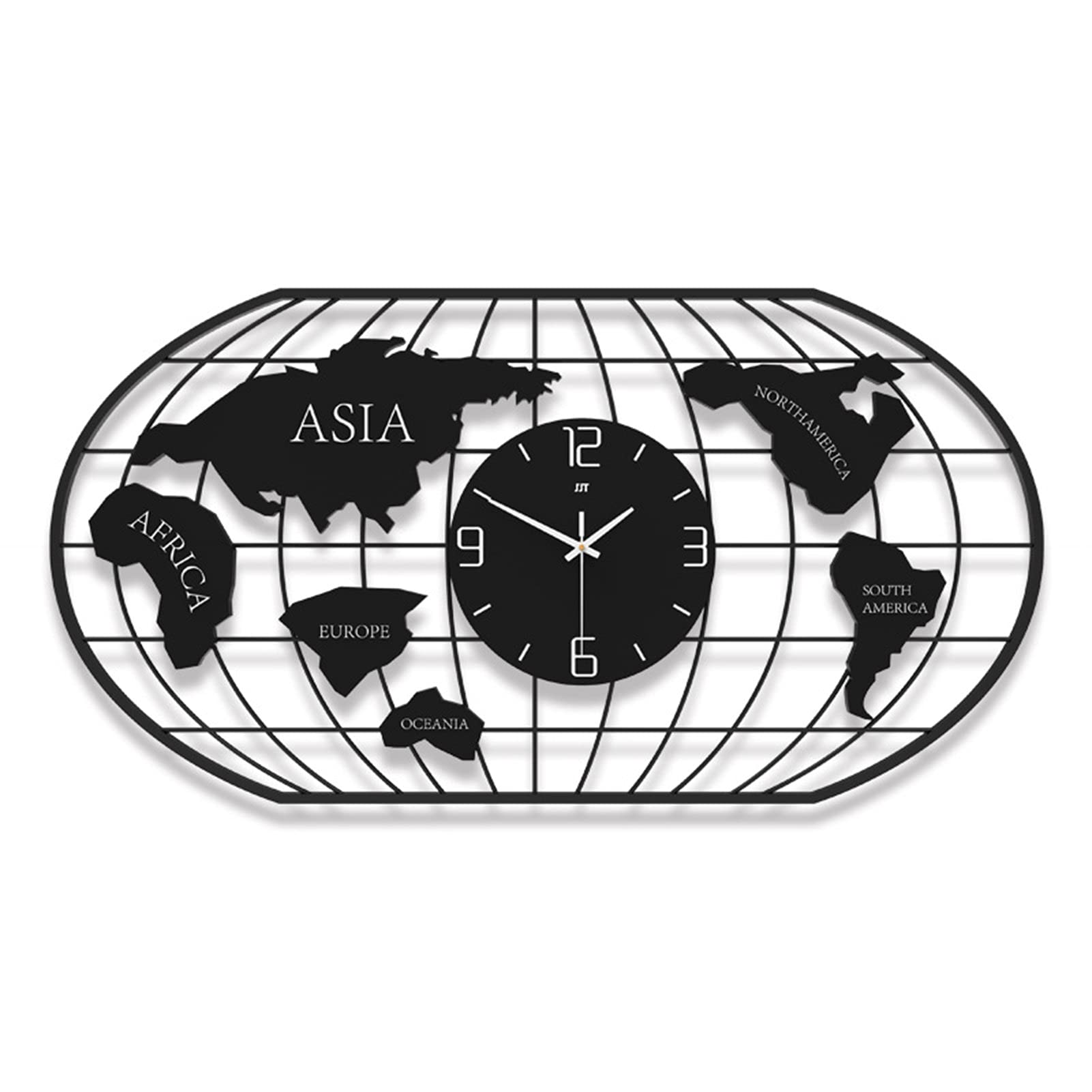 YYLWorld Map Clock, 3D DIY Art Black Clock, Non-ticking Silent Metal Wall Clock, for Home Office Classroom School Clock