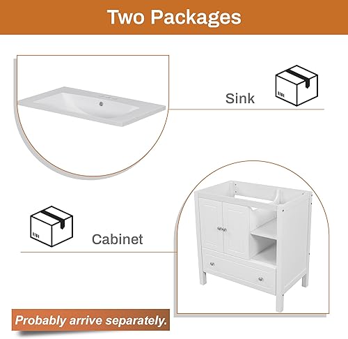 Miniatura 6 de Merax Juego de tocador de baño de 30 pulgadas con fregadero de cerámica armario con cajón y puertas marco de madera maciza con acabado pintado