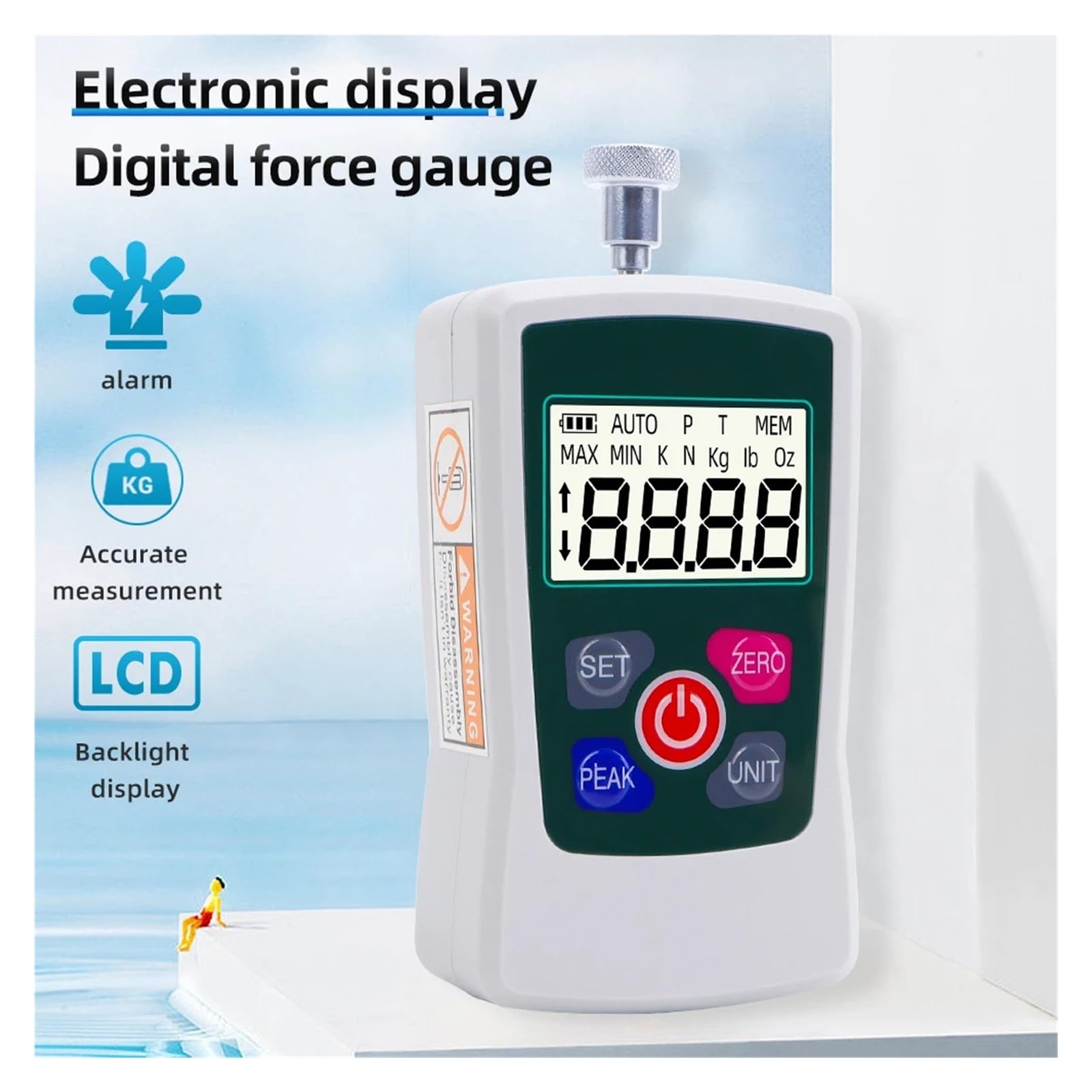 Medidor de fuerza digital 500N Instrumento de medición tomático con luz de fondo Dinamómetro de empuje y tracción con resorte Oz Lb N Kg Equipo de prueba