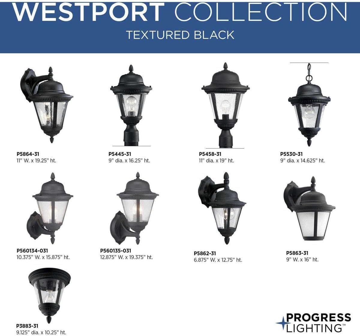 Progress Lighting Westport Collection 2-Light Clear Seeded Glass Traditional Outdoor Large Wall Lantern Light Textured Black