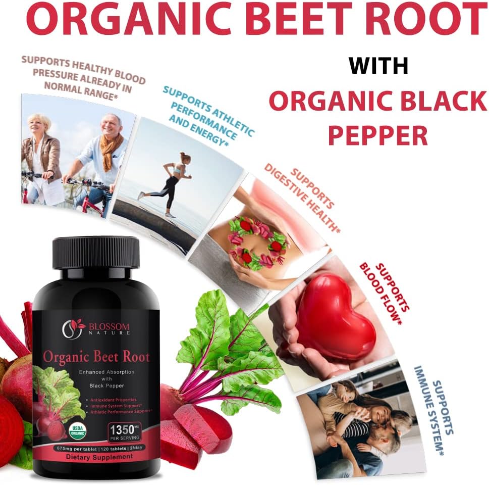 Organic Beet Root Powder 1350mg with Black Pepper-Nitric Oxide Booster, Digestive System, Athletic Performance-120 Tablets,675mg of Organic Beet Powder per Tablet