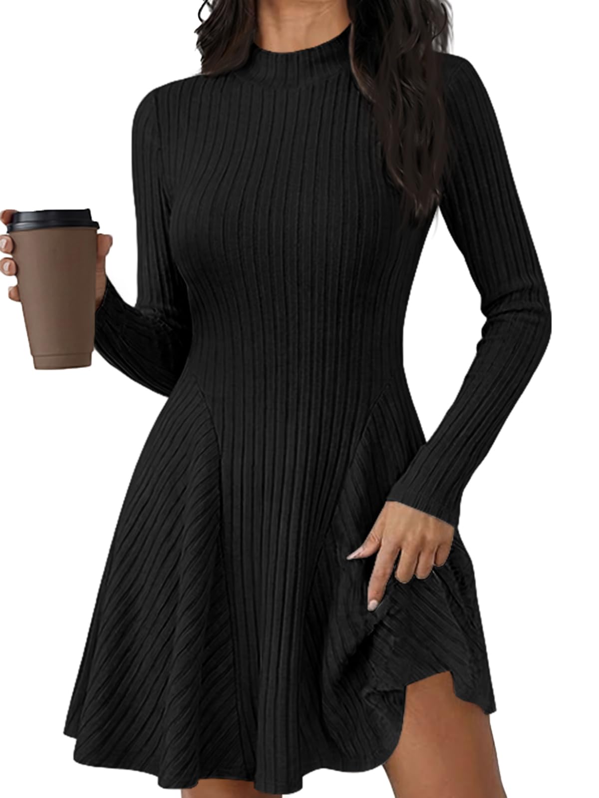 Saodimallsu Damen Strickkleid Halbhals Geripptes Pulloverkleid | A-Linie Herbstkleid,Strickpullover Kleid,Winterkleid,Elegant