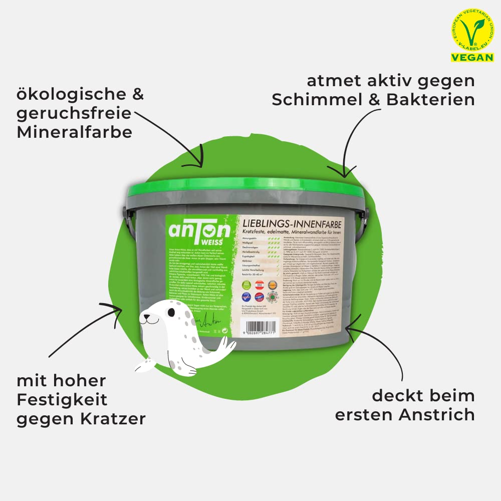 Anton Weiss® Qualitäts Wand/Deckenfarbe weiss | 5L | geruchsfrei & atmungsaktiv | 40m² | Mineralfarbe matt | höchste Deckkraft | beugt Schimmel vor | für alle Wohnräume und Allergiker | Vegan