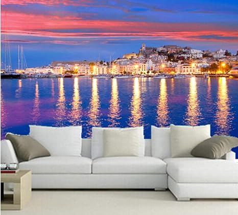 Amazon Mingldカスタム3d大壁画 カラフルな空 スペインのキラキラ輝く家 美しい海岸 リビングルームのソファテレビの壁の寝室の壁紙 280x0cm 壁紙