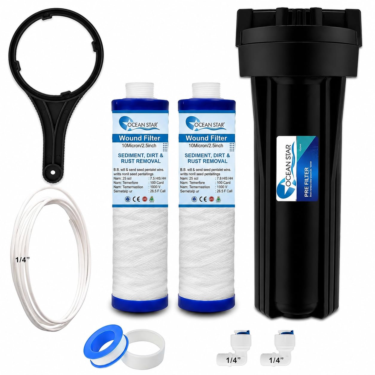Ocean Star 10 Inch Pre Filter Housing Kit with 2 MLT Candle Filter, Wrench, 1/4" Pipe 5 Mtr & Fittings for RO Water Purifier-image-2