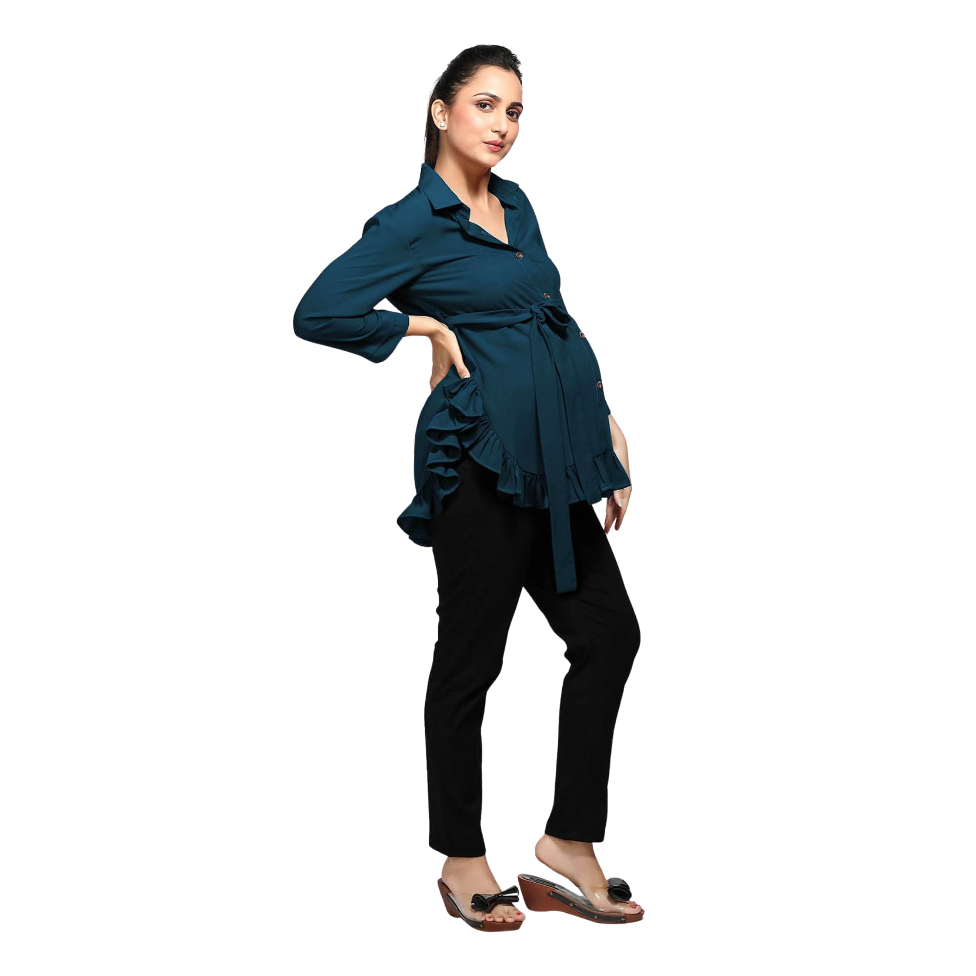 Teal Blue Frilldetail Maternity Shirt-picture-59