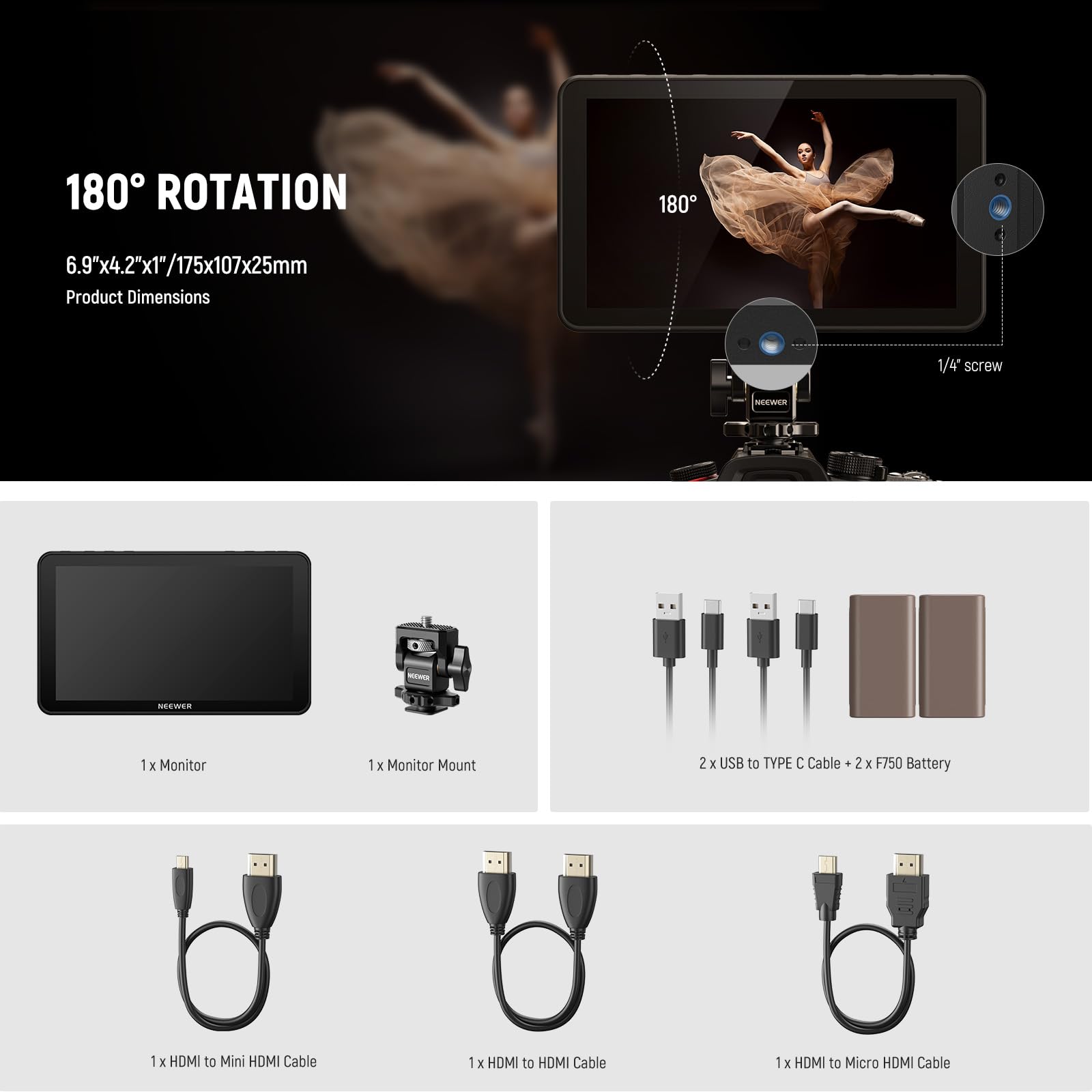 NEEWER F700 7" Camera Field Monitor, 2000nit HD 1920x1080 IPS Touch Screen with 3D LUT, 4K HDMI Loop in/Out with Peak Focus DSLR Video Assist HDR Waveform, Cold Shoe Mount, 2 NP-F750 Batteries & Cable