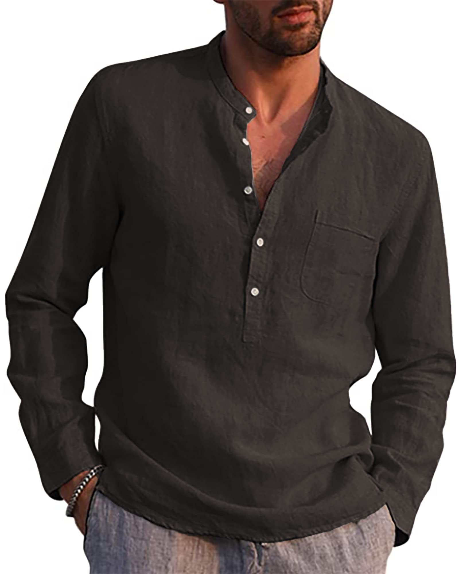 LVCBL Hemd Herren Langarm Henley Sommerhemd Herren Freizeithemd Leinenhemd Regular Fit Men Shirts