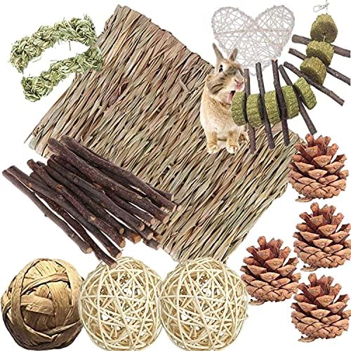 Bunny Hamsters Chew Toys Set, Straw Woven Bed Mat& Rabbit Pet Tooth Organic Natural Apple Wood Grass Cake Ideal for Chinchilla, Guinea Pigs, Syrian Rat,birds,Teeth Grinding&Hámster Conejo(22Pieces) image 5