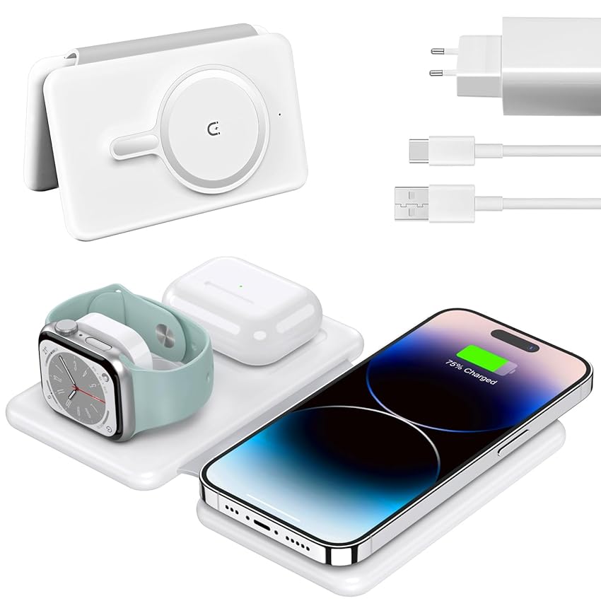 Stazione di Ricarica Apple,Portatile Caricatore Wireless iPhone 3 in 1 Base Ricarica iPhone, wireless charger Magnetico per iPhone 17 16 15 14 13 12 Serie,Apple Watch 11-2, Air-Pods 4 3 2 Pro Soslina
