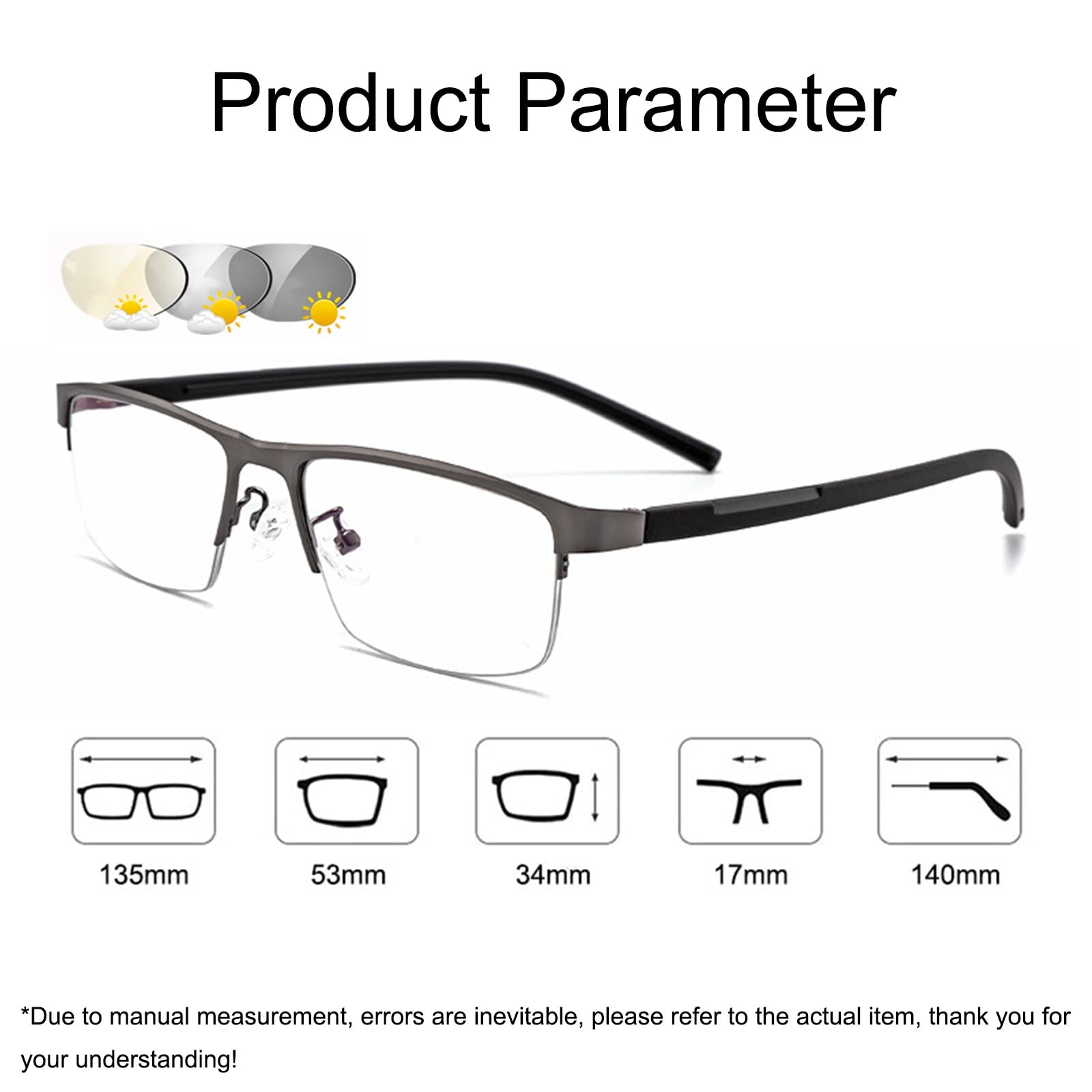 Gafas de Lectura de Medio Marco de Metal para Hombres Gafas de Sol de transición fotocromáticas UV400 Lentes de Resina HD Gafas para Ancianos +1.0 a + 3.0,Blue-+2.75