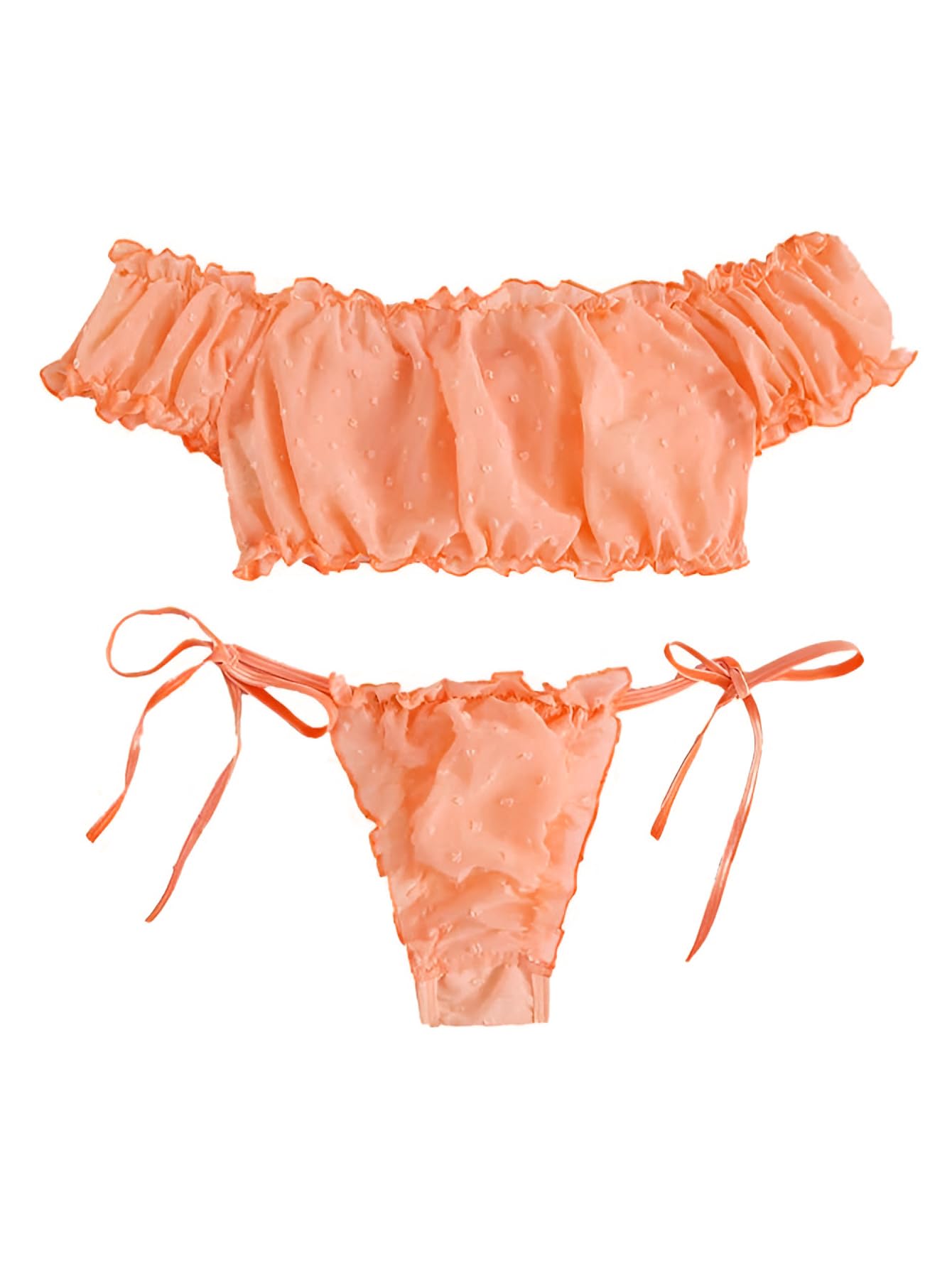 Lilosy Sexy Stretch Ruffle Tie Sheer Mesh Lingerie Set Outfits: Medium Chiffon Orange