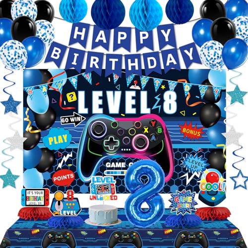 Video Game 8th Birthday Decorations for Boys Blue Level 8 Party Decor Kits for Boy 8 Years Old Game Supplies- Backdrop Honeycomb balls Hanging Swirls Centerpieces Balloons Tablecloth Cake topper