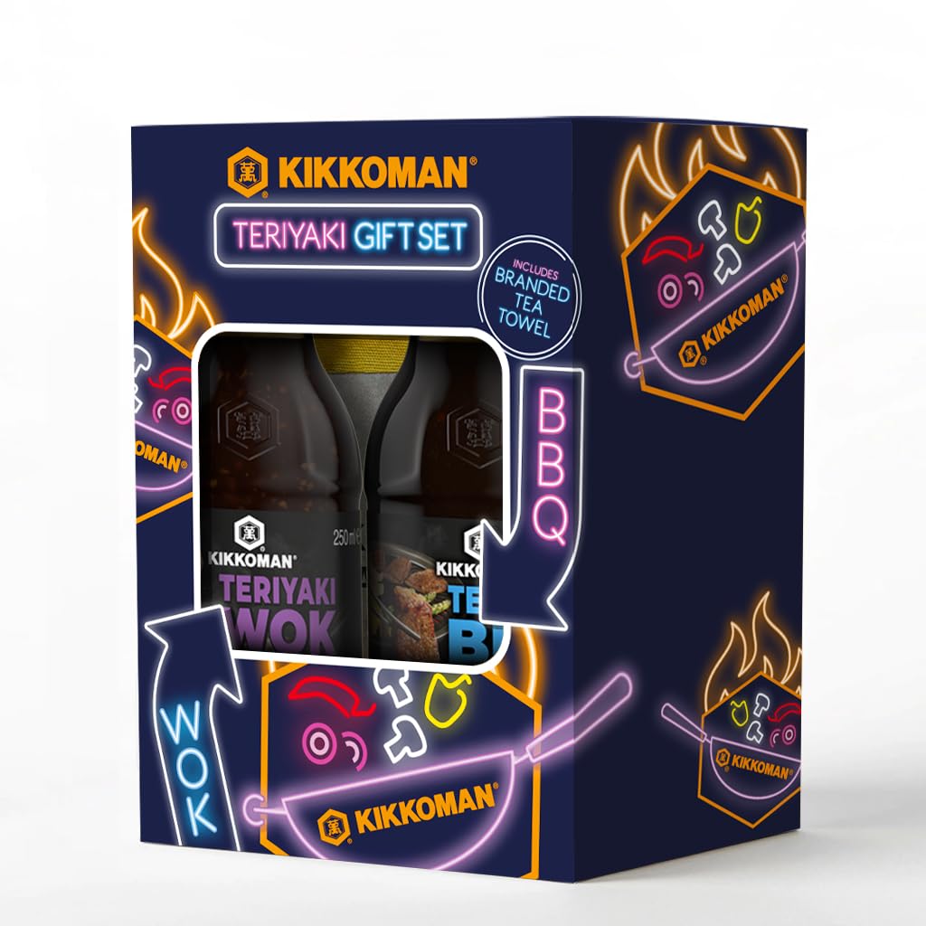 Kikkoman Teriyaki Gift Set – Garlic Sauce 250ml & Korean BBQ Sauce 250ml with Tea Towel – Marinade – Stir Fry, BBQ – Sweet & Savoury
