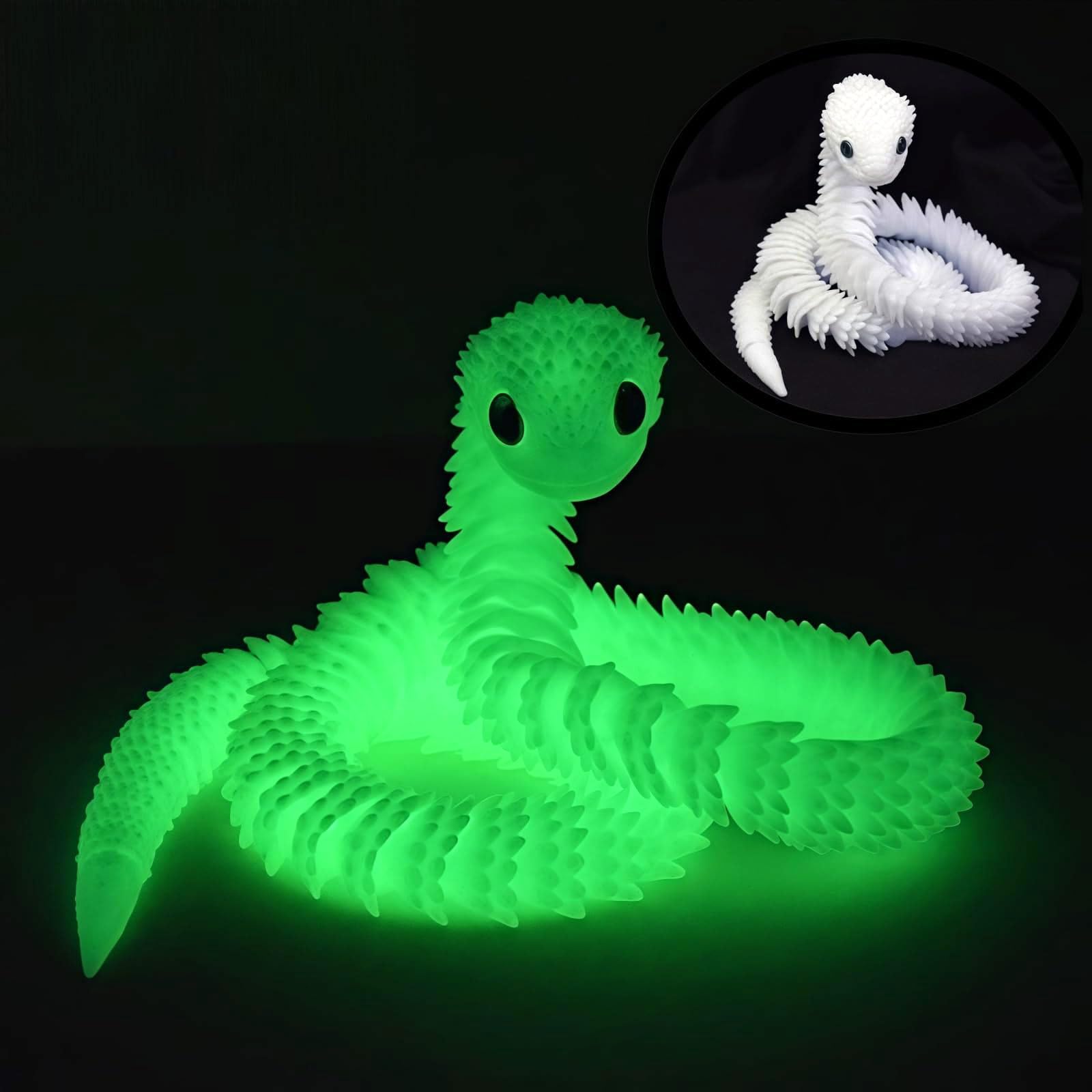 3D Printed Animals, 30cm 3D Printed Luminous Snake,Fidget Toy with Articulated Mobility, Flexible Realistic Glow in The Dark Desktop Decoration for Home Office, Gift for Boys and Girls (green)