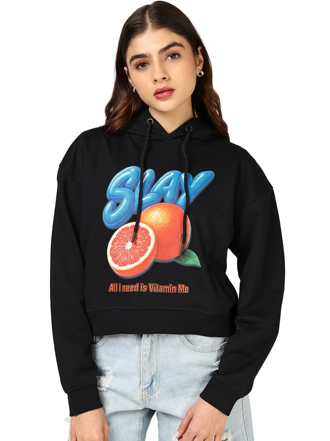 bewakoof Women's Graphic Print Oversized Fit Full Sleeve Hooded Terry Crop Hoodies-picture-28