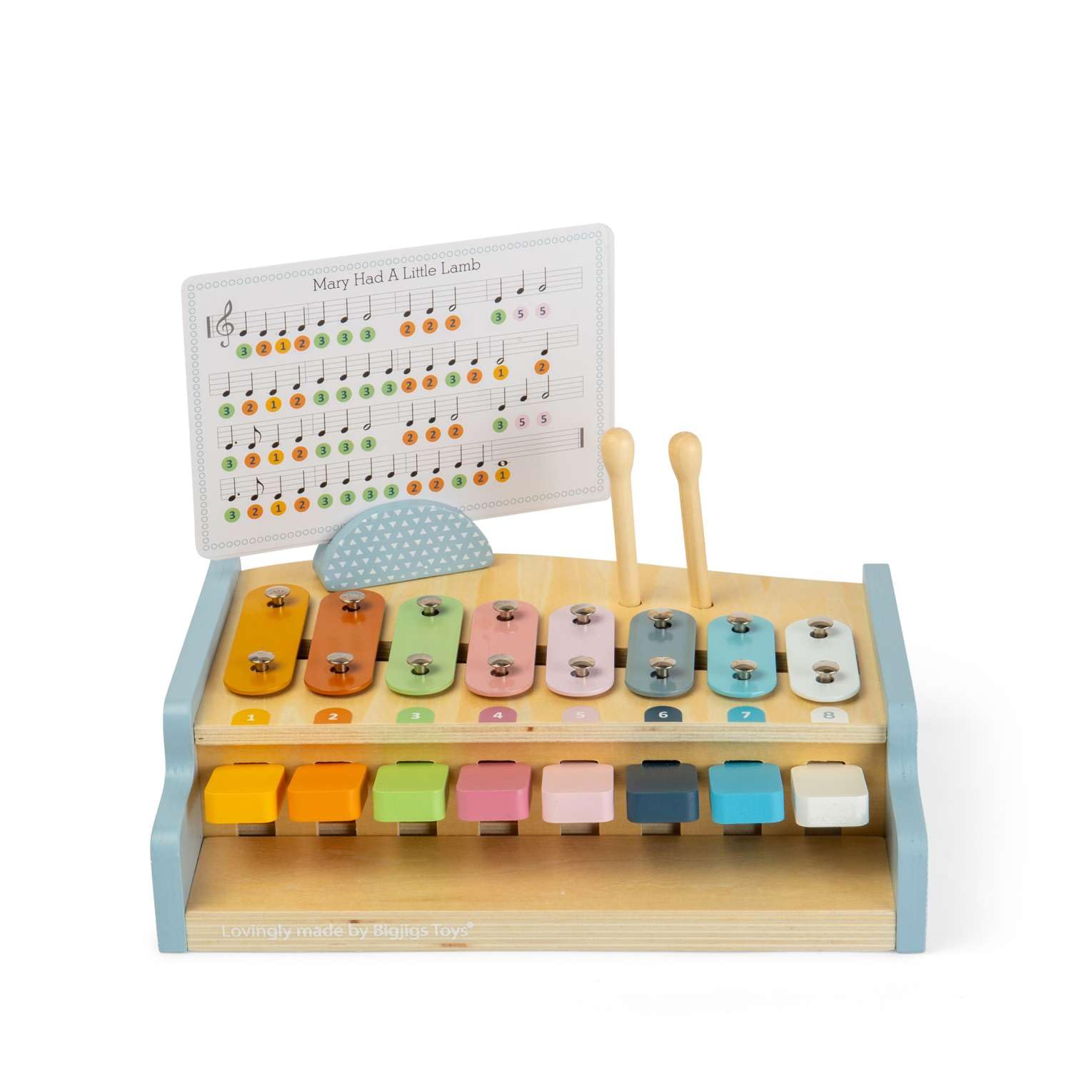 Bigjigs Toys Xylo Piano | Drewniany fortepian i ksylofon, zabawka muzyczna 2 w 1, 8-klawiszowa klawiatura dla maluchów, instrumenty dla niemowląt z trzepakami i arkuszami piosenek, prezent dla dzieci