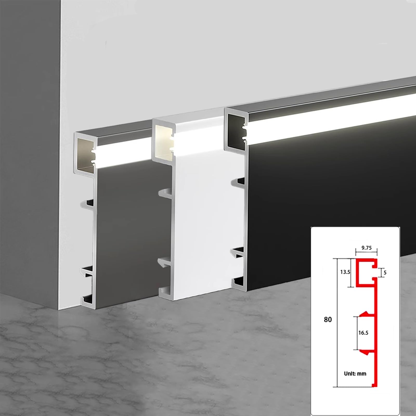 Battiscopa a LED, confezione da 22, in alluminio, 80 mm x 2500 mm, nero opaco, per un totale di 55 metri, montaggio superficiale, illuminazione laterale, battiscopa da parete con luce a LED