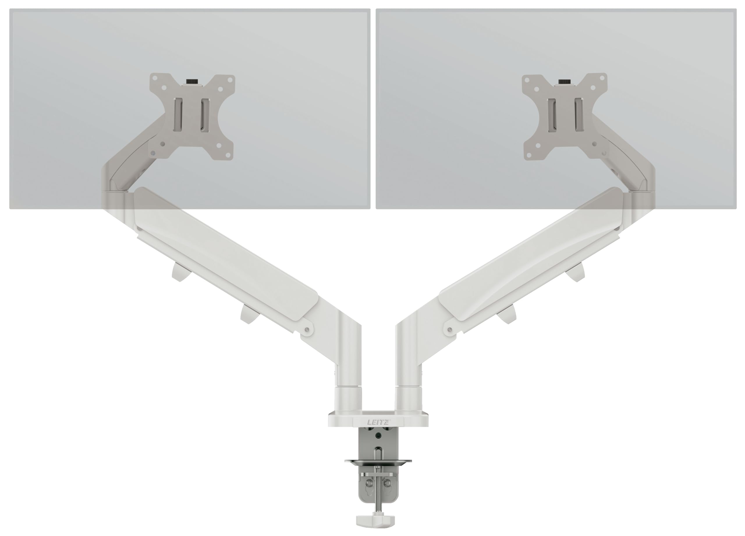 Leitz Ergo Platzsparender Doppel-Monitorarm für 17–32-Zoll-Monitore, Ergonomischer Monitorständer mit Links-/Rechtsdrehfunktion, Kippfunktion und 18 kg Tragkraft, Hellgrau, 65370085