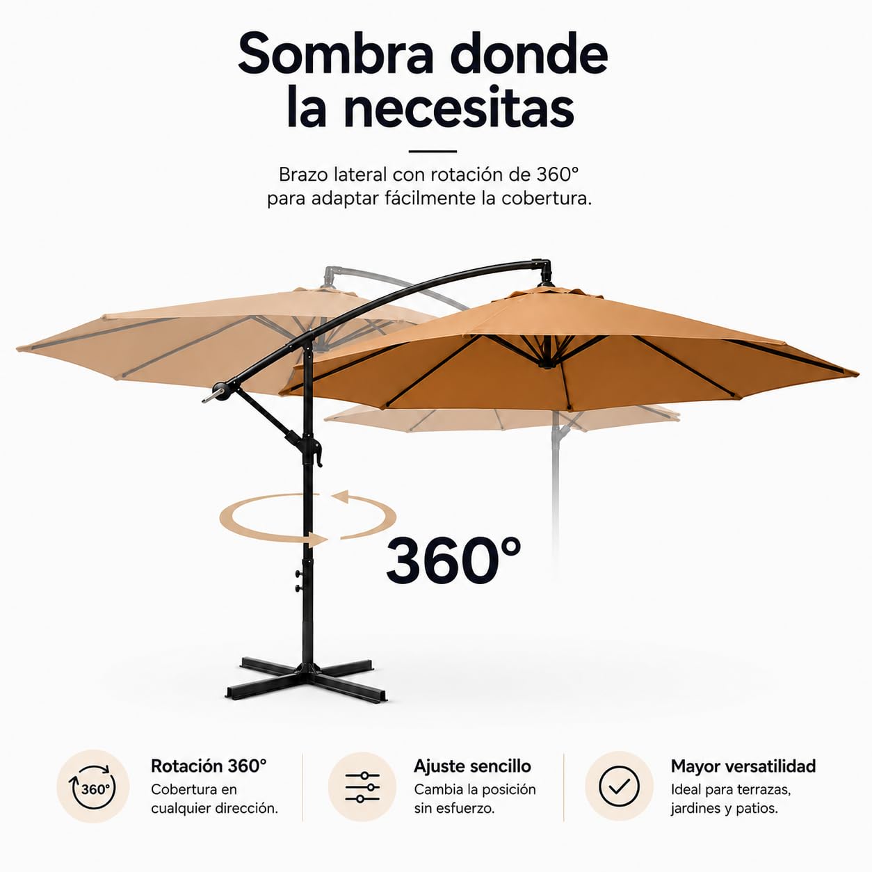 Sombrilla Terraza Exterior 3 m Lateral Inclinable 360° – Parasol Excéntrico de Jardín con Manivela, Mástil Lateral, Protección UV, Tejido Impermeable, Kaki (sin base)