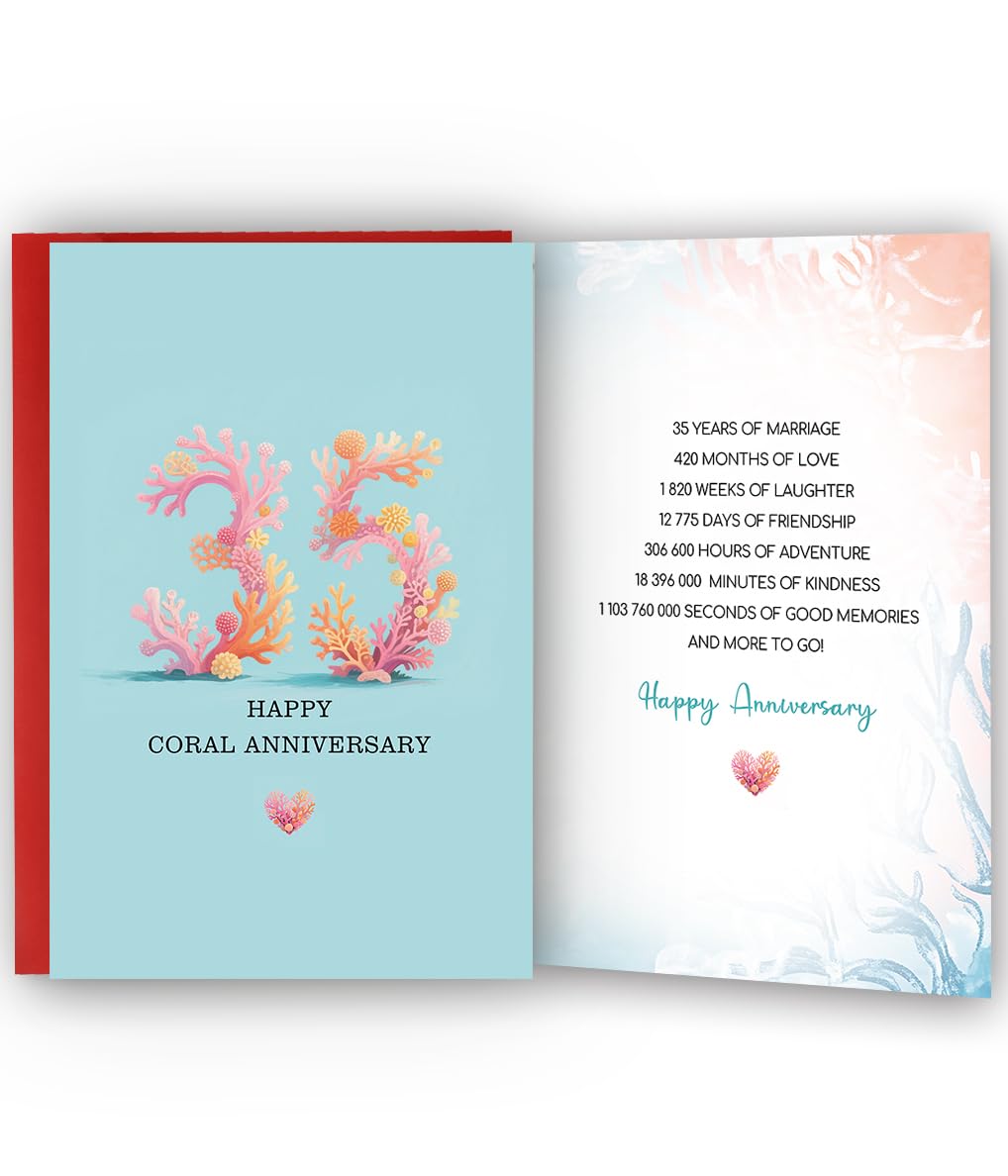Bestmelo 35th Anniversary Card,35 Year Anniversary Card Gifts,35th Wedding Anniversary Day Gifts,Happy Coral Anniversary,8x5.3 Inches,Double-Sided