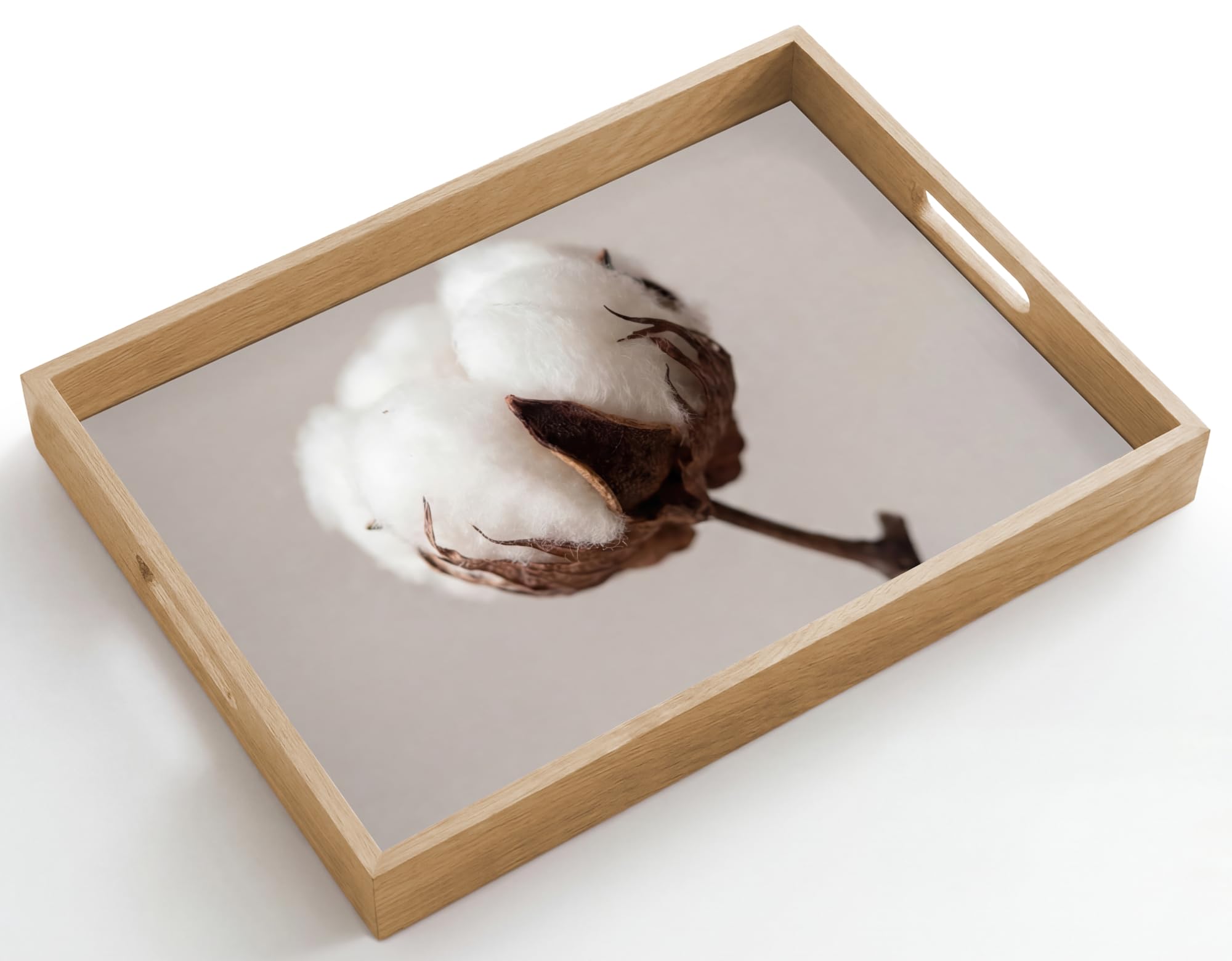 Plateau Plateaux Service Repas Bois Decoratif Table Résistant Aux | 50x35 cm - Rectangulaire - Rayures Cafe Chene Avec Poignée Déjeuner Boules de coton - Minimaliste - Blanc